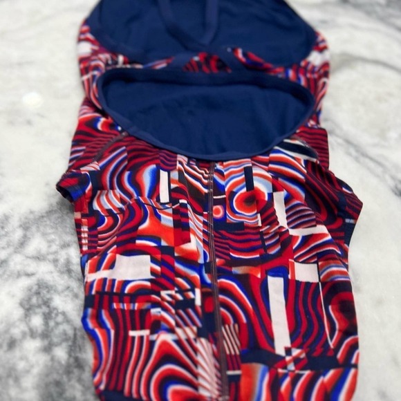 SPEEDO ENDURANCE Cubicle Plus Flyback USA Swimsuit Polyester Navy Red White S - Picture 8 of 8